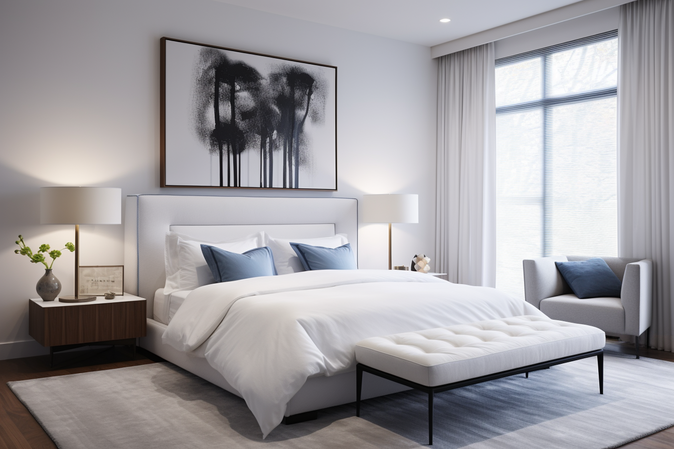 Elegancka sypialnia z białym łóżkiem, szaro-białą dekoracją ściany, nowoczesnymi lampami i jasnym, przytulnym kącikiem do siedzenia.